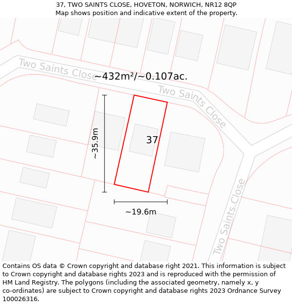 37, TWO SAINTS CLOSE, HOVETON, NORWICH, NR12 8QP: Plot and title map