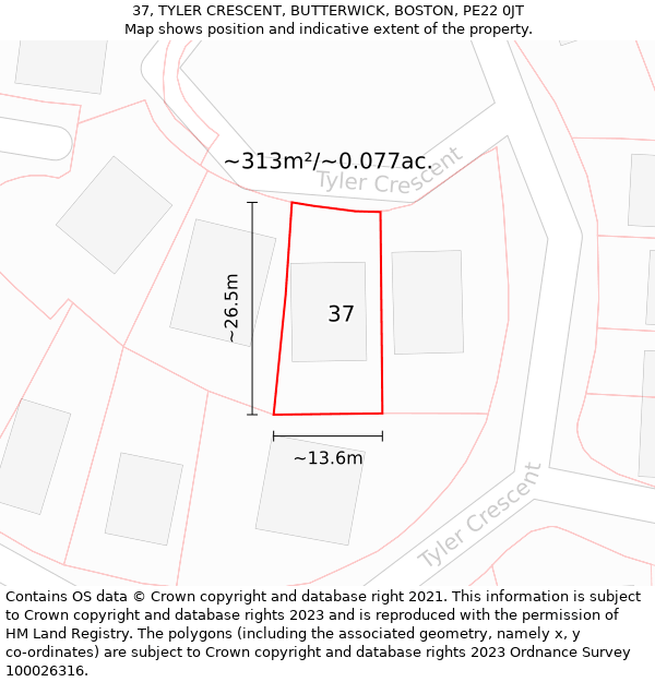 37, TYLER CRESCENT, BUTTERWICK, BOSTON, PE22 0JT: Plot and title map