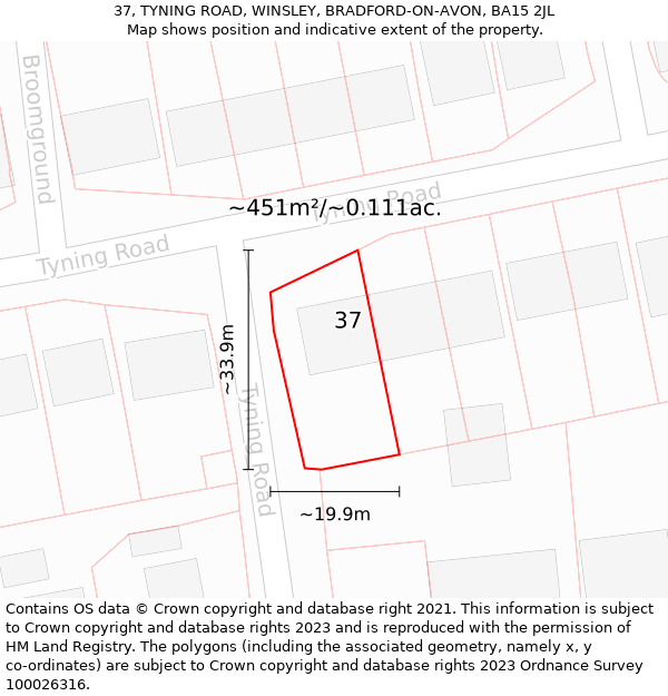 37, TYNING ROAD, WINSLEY, BRADFORD-ON-AVON, BA15 2JL: Plot and title map