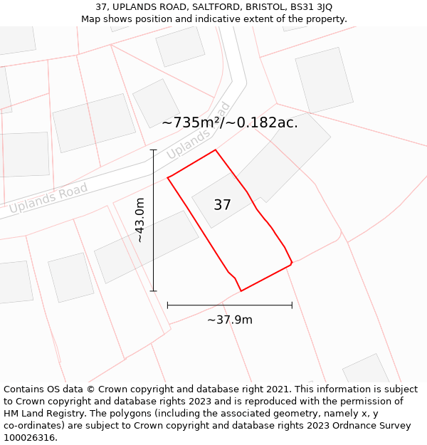 37, UPLANDS ROAD, SALTFORD, BRISTOL, BS31 3JQ: Plot and title map