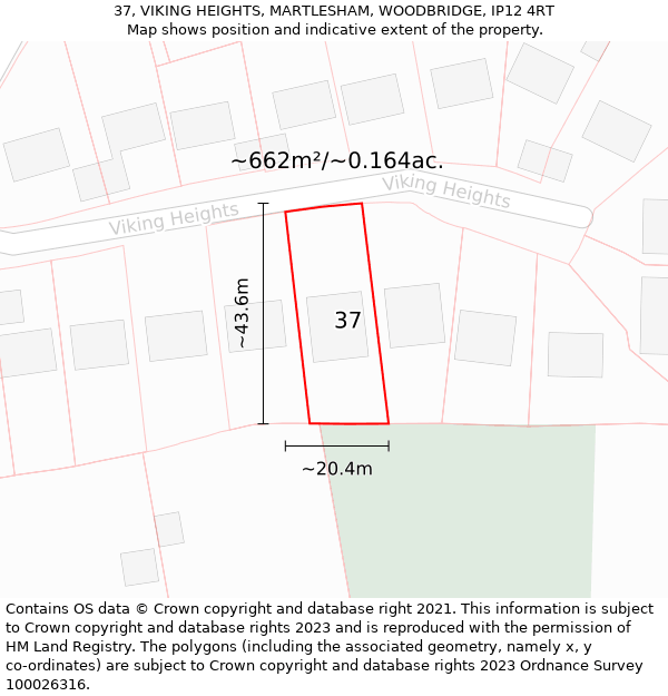 37, VIKING HEIGHTS, MARTLESHAM, WOODBRIDGE, IP12 4RT: Plot and title map