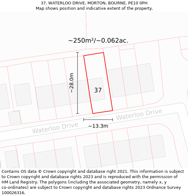 37, WATERLOO DRIVE, MORTON, BOURNE, PE10 0PH: Plot and title map