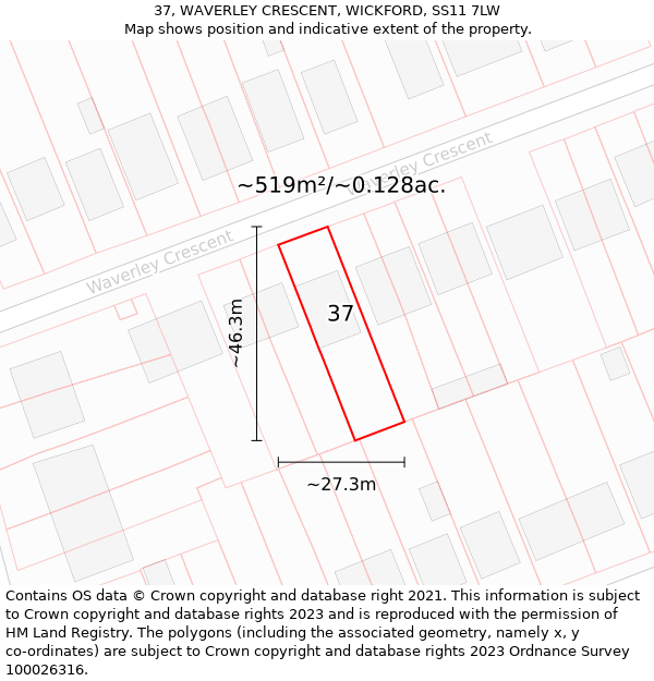 37, WAVERLEY CRESCENT, WICKFORD, SS11 7LW: Plot and title map