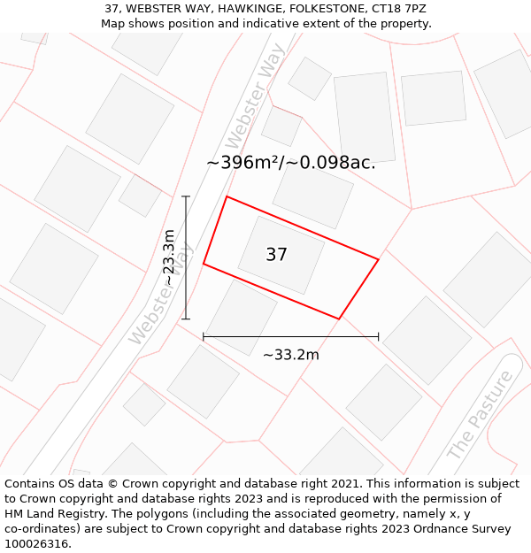 37, WEBSTER WAY, HAWKINGE, FOLKESTONE, CT18 7PZ: Plot and title map