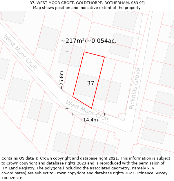 37, WEST MOOR CROFT, GOLDTHORPE, ROTHERHAM, S63 9FJ: Plot and title map