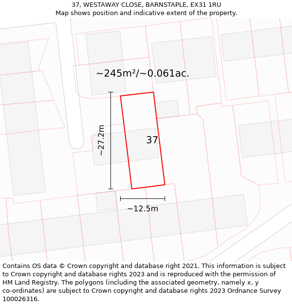 37, WESTAWAY CLOSE, BARNSTAPLE, EX31 1RU: Plot and title map