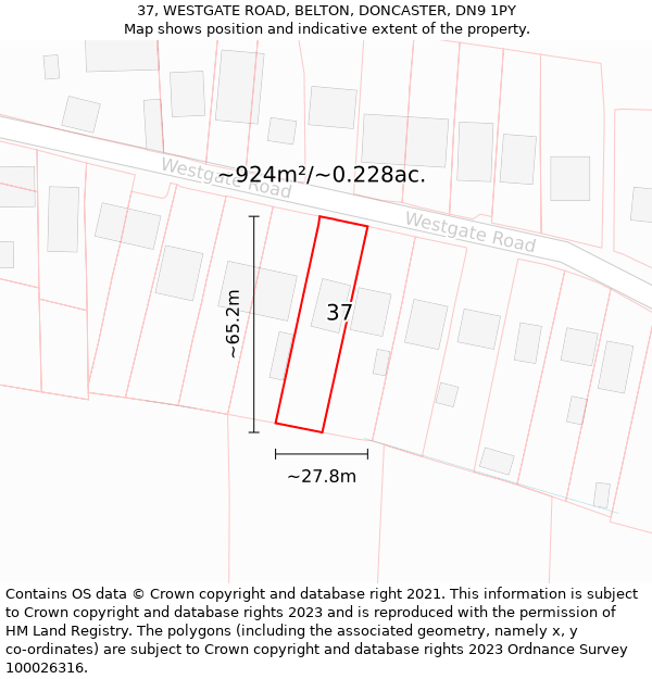 37, WESTGATE ROAD, BELTON, DONCASTER, DN9 1PY: Plot and title map