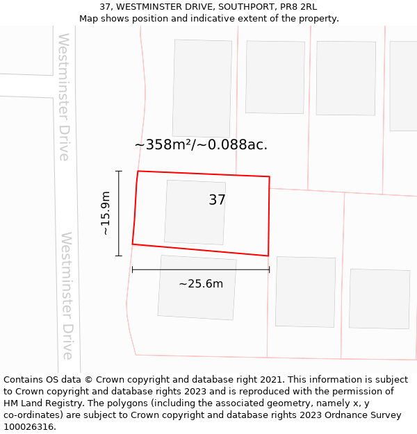 37, WESTMINSTER DRIVE, SOUTHPORT, PR8 2RL: Plot and title map