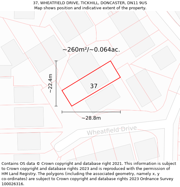 37, WHEATFIELD DRIVE, TICKHILL, DONCASTER, DN11 9US: Plot and title map