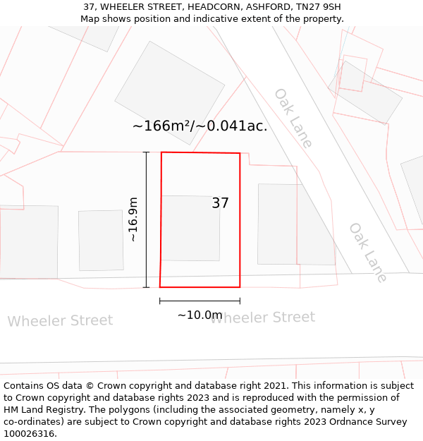 37, WHEELER STREET, HEADCORN, ASHFORD, TN27 9SH: Plot and title map