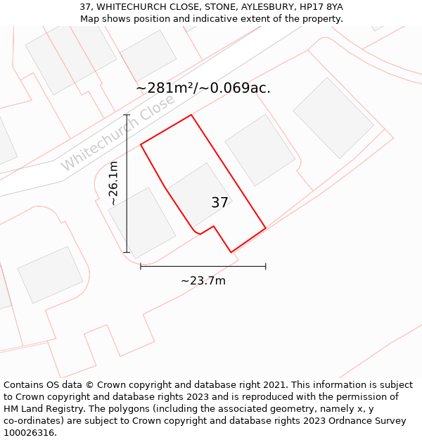 37, WHITECHURCH CLOSE, STONE, AYLESBURY, HP17 8YA: Plot and title map