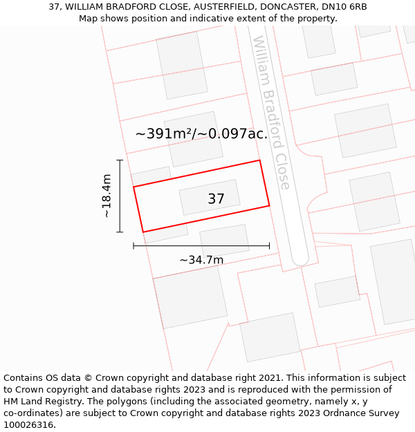 37, WILLIAM BRADFORD CLOSE, AUSTERFIELD, DONCASTER, DN10 6RB: Plot and title map