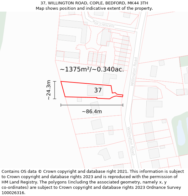 37, WILLINGTON ROAD, COPLE, BEDFORD, MK44 3TH: Plot and title map