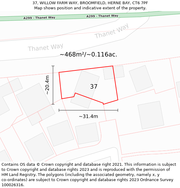 37, WILLOW FARM WAY, BROOMFIELD, HERNE BAY, CT6 7PF: Plot and title map