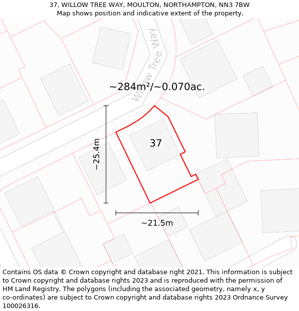 37, WILLOW TREE WAY, MOULTON, NORTHAMPTON, NN3 7BW: Plot and title map