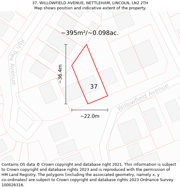 37, WILLOWFIELD AVENUE, NETTLEHAM, LINCOLN, LN2 2TH: Plot and title map