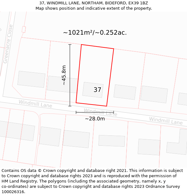 37, WINDMILL LANE, NORTHAM, BIDEFORD, EX39 1BZ: Plot and title map