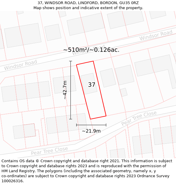 37, WINDSOR ROAD, LINDFORD, BORDON, GU35 0RZ: Plot and title map