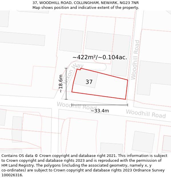 37, WOODHILL ROAD, COLLINGHAM, NEWARK, NG23 7NR: Plot and title map