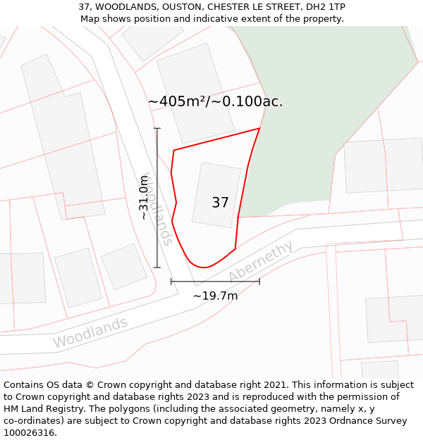 37, WOODLANDS, OUSTON, CHESTER LE STREET, DH2 1TP: Plot and title map