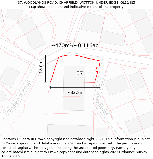 37, WOODLANDS ROAD, CHARFIELD, WOTTON-UNDER-EDGE, GL12 8LT: Plot and title map