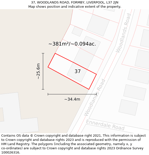 37, WOODLANDS ROAD, FORMBY, LIVERPOOL, L37 2JN: Plot and title map