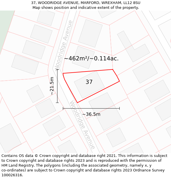 37, WOODRIDGE AVENUE, MARFORD, WREXHAM, LL12 8SU: Plot and title map