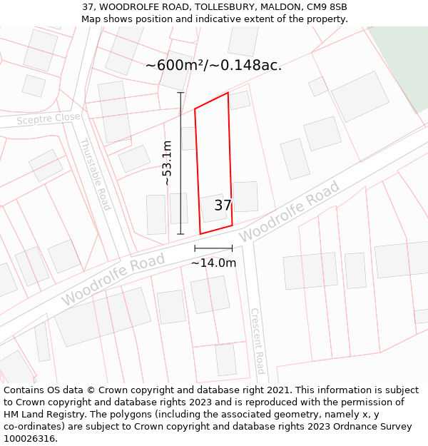 37, WOODROLFE ROAD, TOLLESBURY, MALDON, CM9 8SB: Plot and title map