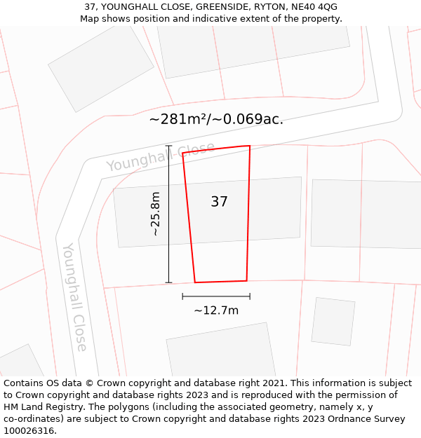 37, YOUNGHALL CLOSE, GREENSIDE, RYTON, NE40 4QG: Plot and title map