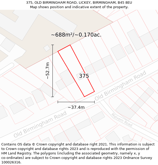 375, OLD BIRMINGHAM ROAD, LICKEY, BIRMINGHAM, B45 8EU: Plot and title map