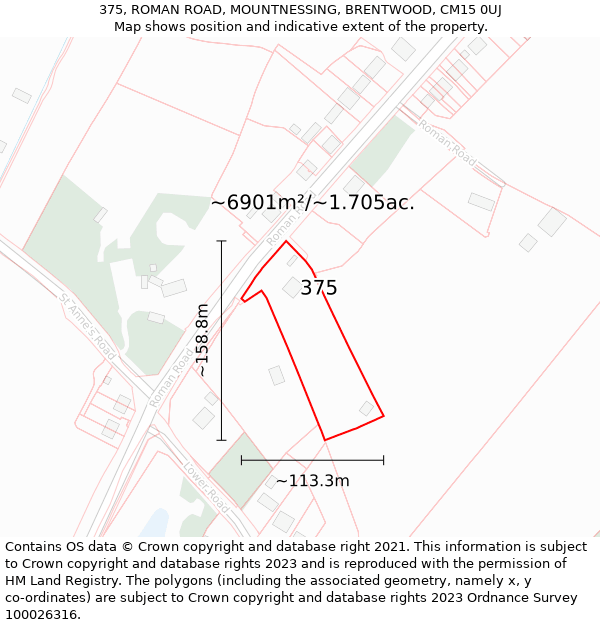 375, ROMAN ROAD, MOUNTNESSING, BRENTWOOD, CM15 0UJ: Plot and title map