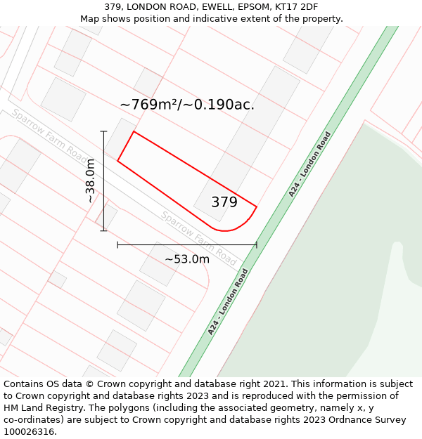 379, LONDON ROAD, EWELL, EPSOM, KT17 2DF: Plot and title map