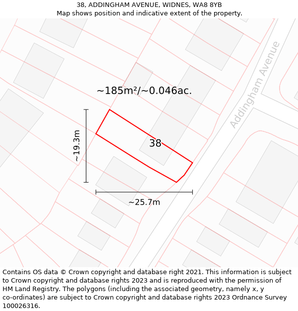 38, ADDINGHAM AVENUE, WIDNES, WA8 8YB: Plot and title map