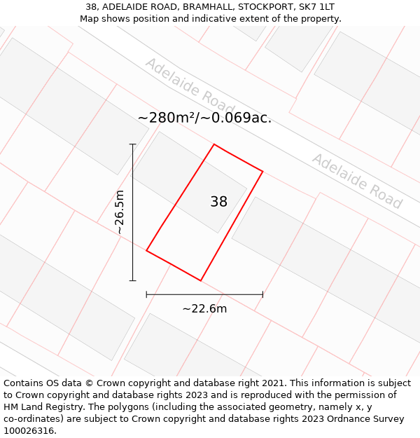 38, ADELAIDE ROAD, BRAMHALL, STOCKPORT, SK7 1LT: Plot and title map