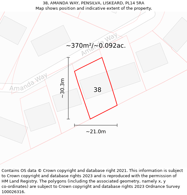 38, AMANDA WAY, PENSILVA, LISKEARD, PL14 5RA: Plot and title map