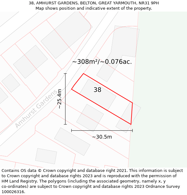 38, AMHURST GARDENS, BELTON, GREAT YARMOUTH, NR31 9PH: Plot and title map