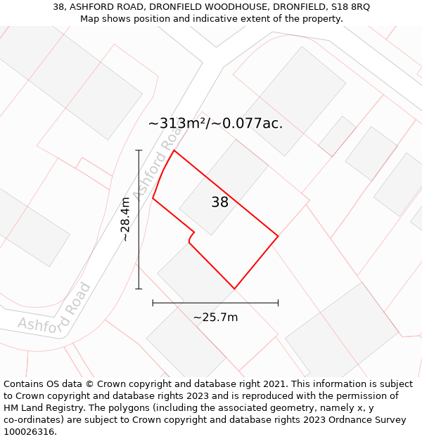 38, ASHFORD ROAD, DRONFIELD WOODHOUSE, DRONFIELD, S18 8RQ: Plot and title map