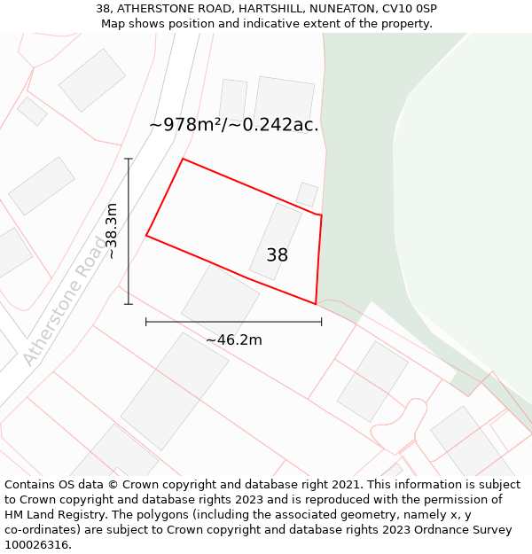 38, ATHERSTONE ROAD, HARTSHILL, NUNEATON, CV10 0SP: Plot and title map