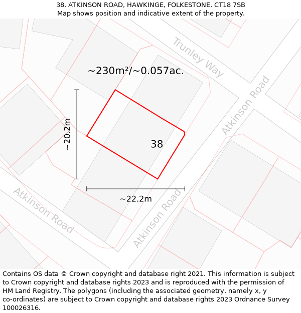 38, ATKINSON ROAD, HAWKINGE, FOLKESTONE, CT18 7SB: Plot and title map