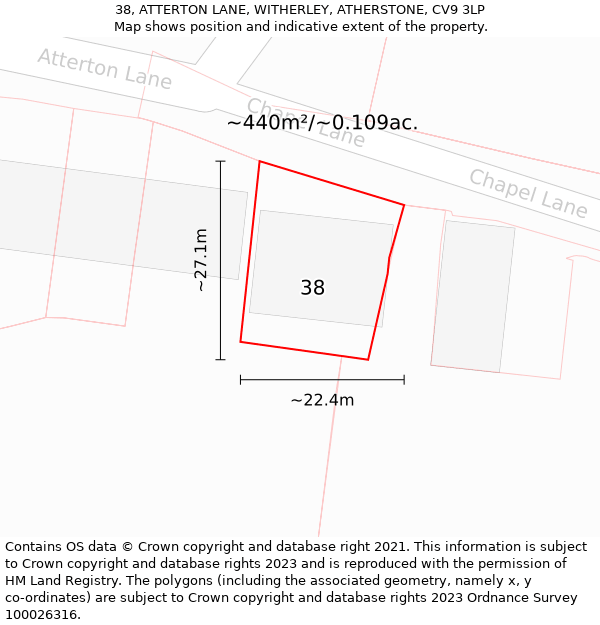 38, ATTERTON LANE, WITHERLEY, ATHERSTONE, CV9 3LP: Plot and title map