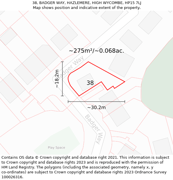 38, BADGER WAY, HAZLEMERE, HIGH WYCOMBE, HP15 7LJ: Plot and title map