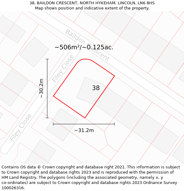 38, BAILDON CRESCENT, NORTH HYKEHAM, LINCOLN, LN6 8HS: Plot and title map