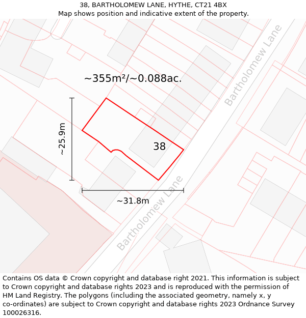 38, BARTHOLOMEW LANE, HYTHE, CT21 4BX: Plot and title map