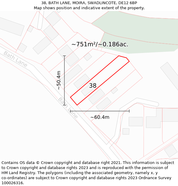 38, BATH LANE, MOIRA, SWADLINCOTE, DE12 6BP: Plot and title map