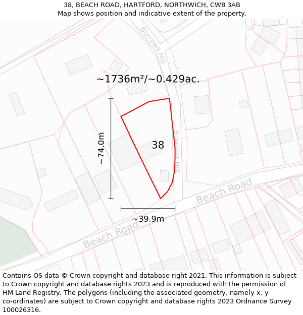 38, BEACH ROAD, HARTFORD, NORTHWICH, CW8 3AB: Plot and title map