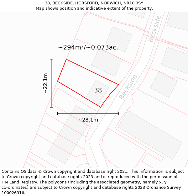 38, BECKSIDE, HORSFORD, NORWICH, NR10 3SY: Plot and title map