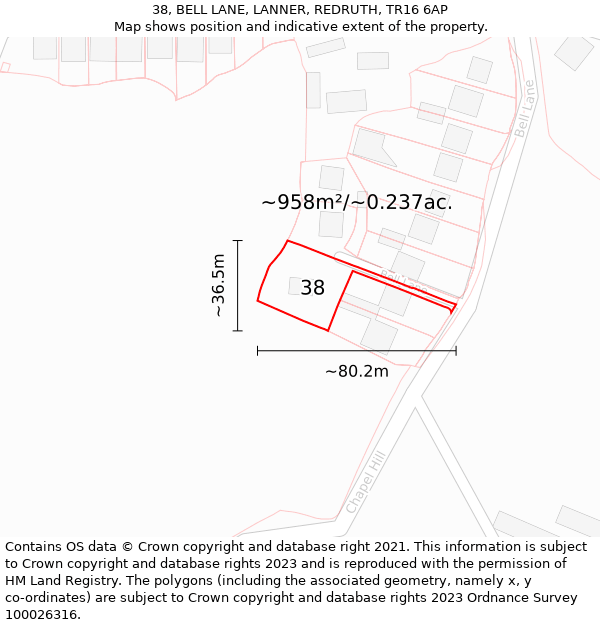 38, BELL LANE, LANNER, REDRUTH, TR16 6AP: Plot and title map