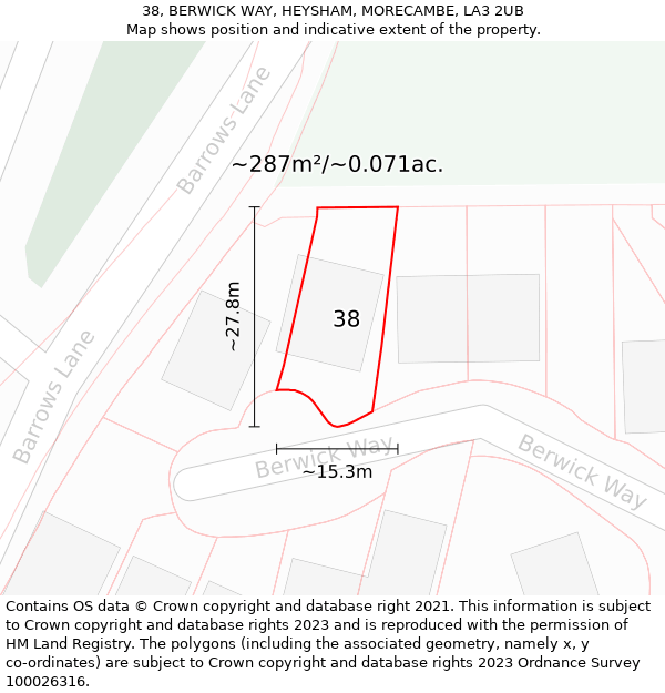 38, BERWICK WAY, HEYSHAM, MORECAMBE, LA3 2UB: Plot and title map