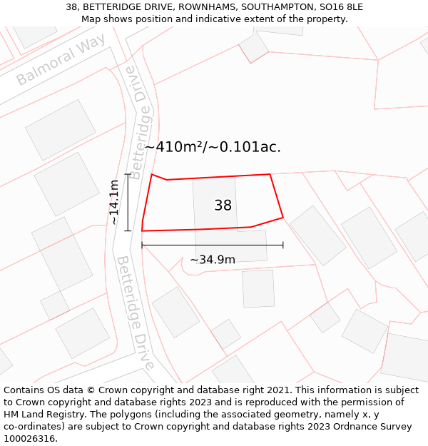 38, BETTERIDGE DRIVE, ROWNHAMS, SOUTHAMPTON, SO16 8LE: Plot and title map