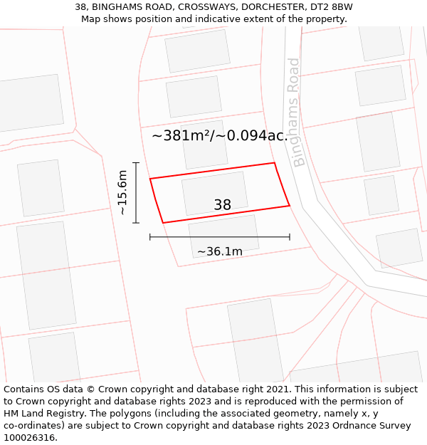 38, BINGHAMS ROAD, CROSSWAYS, DORCHESTER, DT2 8BW: Plot and title map